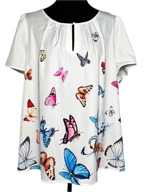 Women’s Butterfly Blouse 3X White Keyhole Short Sleeve Cottage Boho Whimsy Top
